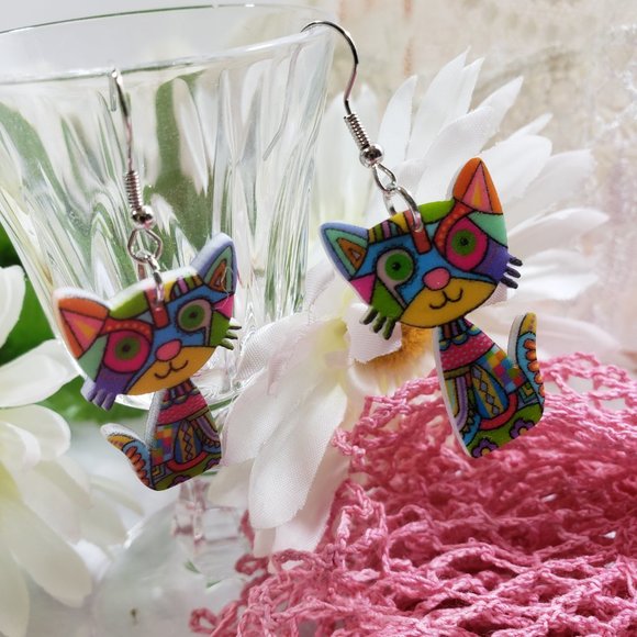 Picasso like kitty Earrings Multi-color Earwire - Picture 4 of 6